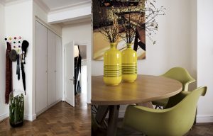 living room interior design table vases chairs hatstand parquet